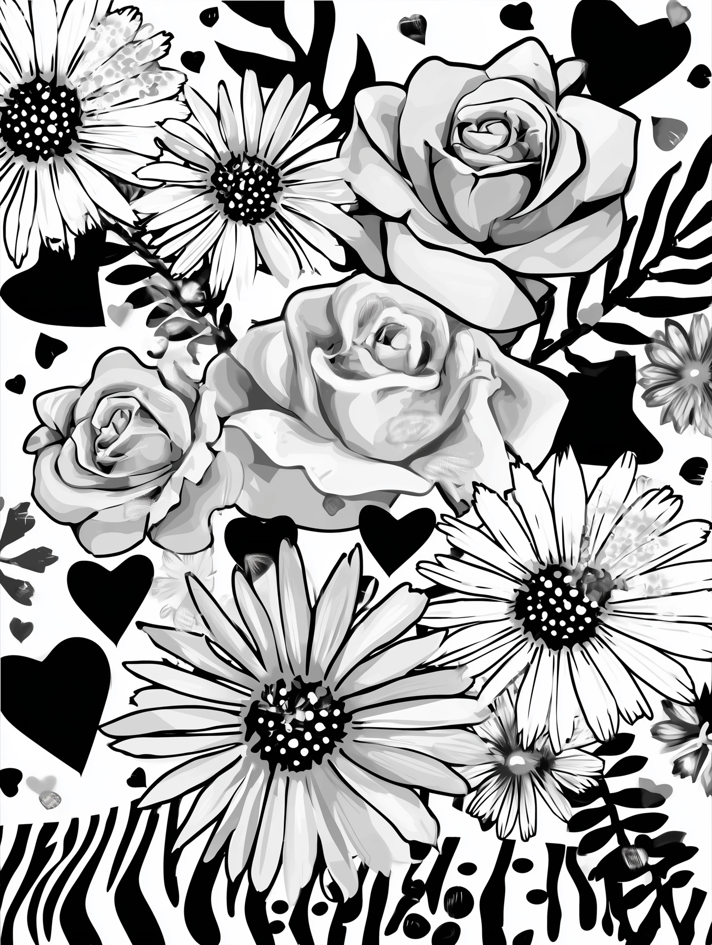 Free printable coloring pages floral featuring roses and daisies in a floral arrangement